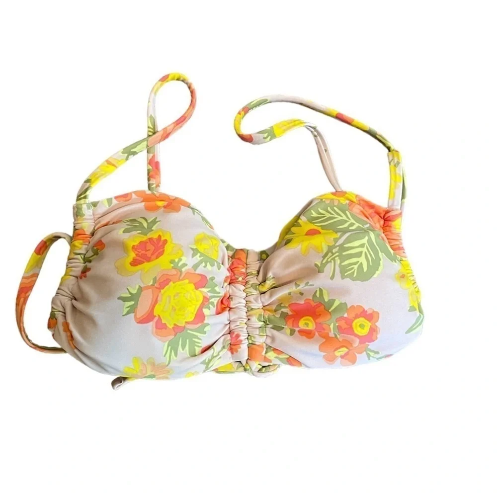aerie Bandeau Style Ruched Front Tie Back Orange and Yellow Bikini Top Size M